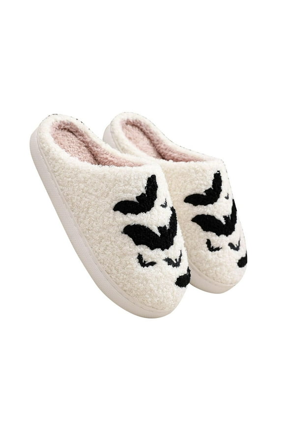 White Women'S Halloween Slippers Plush Warm Lining Cozy Comfortable Non-Slip Indoor House Shoes Cute Bat Embroidery Cartoon Print Thick Sole 0.79In Heel