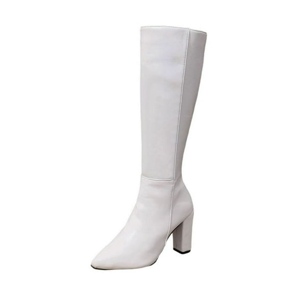 qkdmdw White Women'S Knee High Boots Winter Fashion Long Straight Boots Pointed Toe Side Zipper Chunky Heel Mid Heel Pu