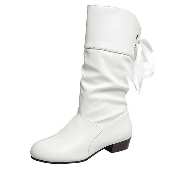 qkdmdw White Women'S Mid-Calf Boots Pu Leather Pleated Student Style Low-Heeled Round-Toe Comfortable Fall Winter Casual Wear For Women