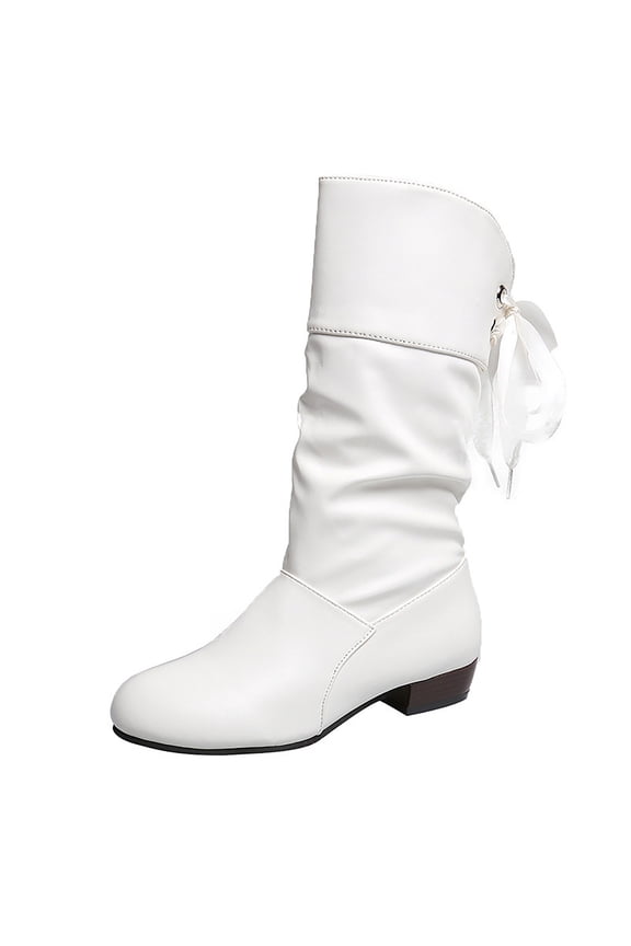 White Women'S Mid-Calf Boots Pu Leather Pleated Student Style Low-Heeled Round-Toe Comfortable Fall Winter Casual Wear For Women