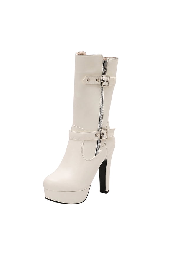 White Women'S Mid-Calf High Heel Winter Boots Fleece Lined Belt Buckle Fish Mouth Toe Rubber Sole Waterproof Casual Outdoor Indoor Shoes