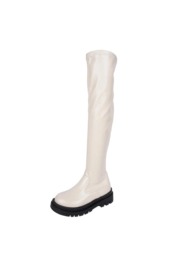 White Women'S Thick-Soled Over-The-Knee Boots With 2.17In Heel, Comfortable Height-Enhancing Footwear For Fall And Winter Casual Wear, Large Size Range Available