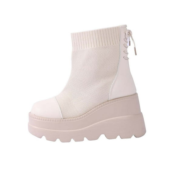 qkdmdw White Women'S Wedge Heel Ankle Boots Platform Booties Round Toe Mesh Breathable Casual Winter Shoes Elastic Versatile Comfortable Thick Bottom