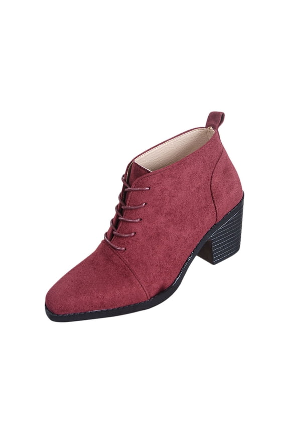 Wine Women'S Casual British Style Short Boots Round Toe Front Solid Color Flock Material Comfortable Versatile All Year