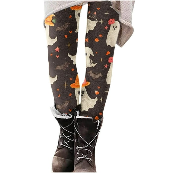 qkdmdw Women's Halloween Ghost Printed Leggings Funny Graphic Plus Size Ankle Tights High Waist Elastic Pants S-2Xl