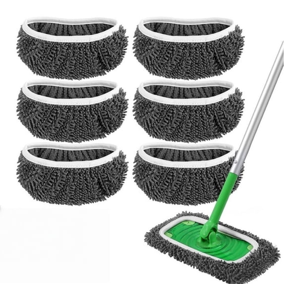 qolami 6 Pack Chenille Duster Mop Heads, Microfiber Chenille Mop Pads, Reusable Dry Sweeping Cloths Wet Mop Pads Refills, Black