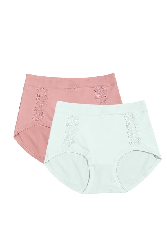 2 Pack Cotton Underwear For Older Women Stretch High Waist Floral Lace Briefs Comfortable Breathable No Show Tummy Control Fulll Coverages Panties Multicolor Free Size
