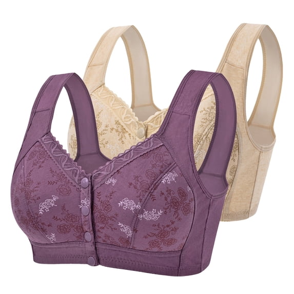 qolati 2 Pack Daisy Bras for Older Women Front Closure Breathable T-Shirts Bras Button Close No Underwire Comfy Soft Sports Bras with Support and Lift