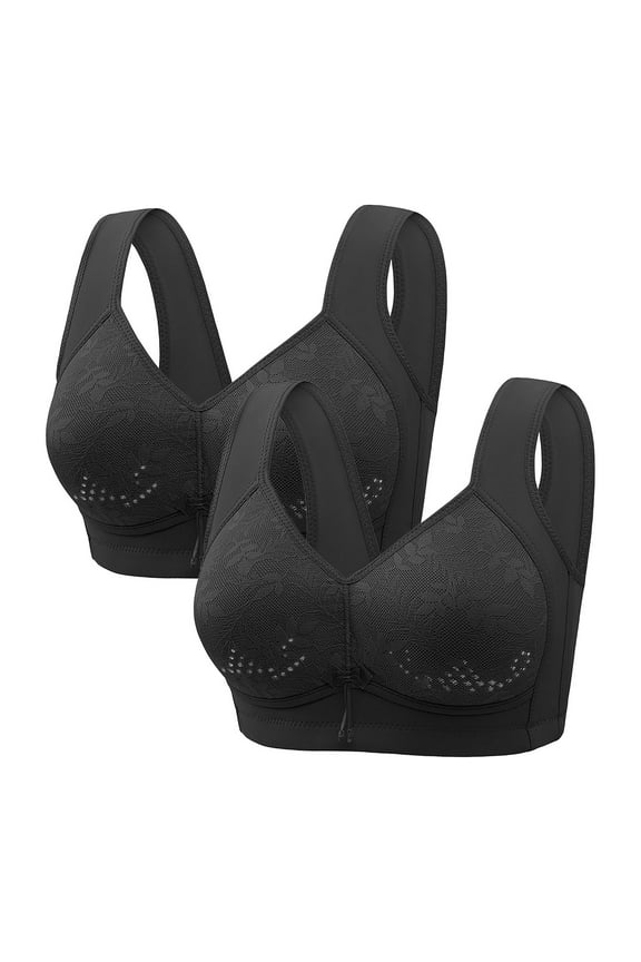 2 Pack Daisy Bras for Old Women Push Up No Underwire Comfy Everyday Bra Full Support Wide Back Sports Bras Black XXL(42/95)