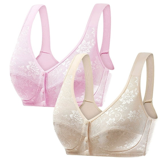 qolati 2 Pack Everyday Bras for Women Front Closure Daisy Bra No Underwire Push Up Bra Plus Size Front Button Bra Breathable Wireless Bra Pink M