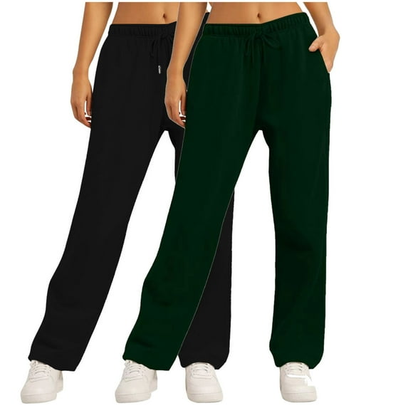 qolati 2 Pack Fleece Sweat Pants for Womens Straight Wide Legs Winter Sweatpants High Waisted Drawstring Workout Pants with Pockets Green XXL 12