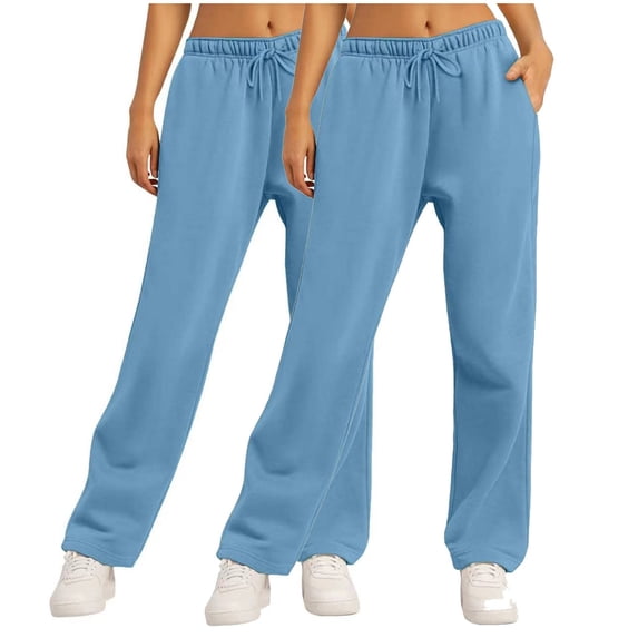 qolati 2 Pack Fleece Sweat Pants for Womens Straight Wide Legs Winter Sweatpants High Waisted Drawstring Workout Pants with Pockets Light Blue S 4
