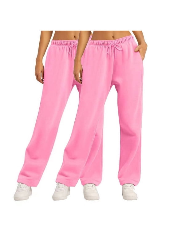2 Pack Fleece Sweat Pants for Womens Straight Wide Legs Winter Sweatpants High Waisted Drawstring Workout Pants with Pockets Pink S 4