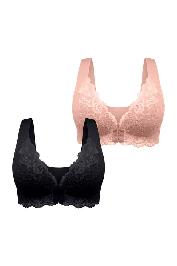 2 Pack Push Up Bras for Women Full Coverages Front Closure Plus Size Bra Postures Back Unpadded Wireless Lace Minimizers Bra
