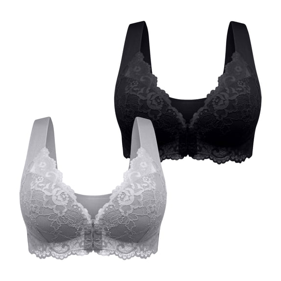 qolati 2 Pack Push Up Bras for Women Full Coverages Front Closure Plus Size Bra Postures Back Unpadded Wireless Lace Minimizers Bra