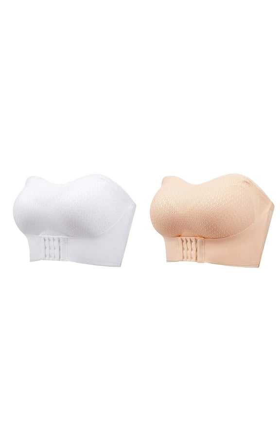 2 Pack Strapless Push Up Bras for Women Front Buckle Lift Bra Plus Size Wireless Non-Slip Invisible Front Hook Underwear Minimizers Bra