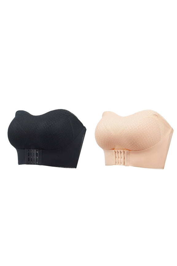 2 Pack Strapless Push Up Bras for Women Front Buckle Lift Bra Plus Size Wireless Non-Slip Invisible Front Hook Underwear Minimizers Bra