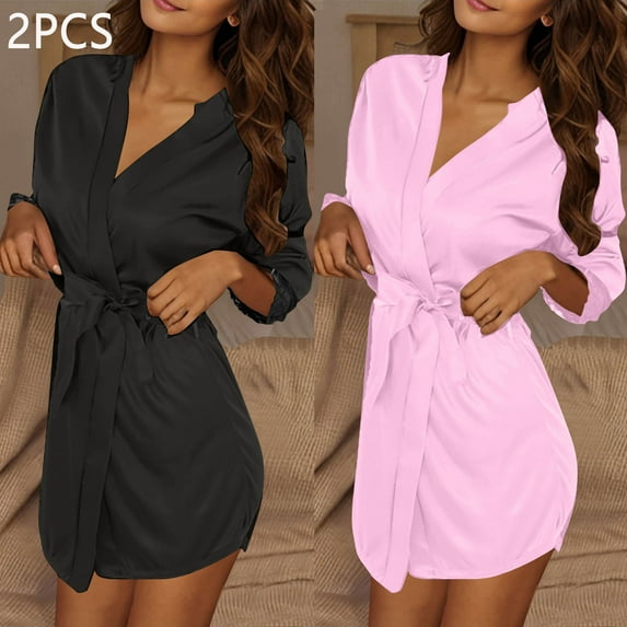 qolati 2 Pack Womens Satin Robe Short Silk Lace Tirm Bride Bridesmaids Robe Soft Comfy 3/4 Sleeve Belted Sleepwear Wedding Party Nightgown