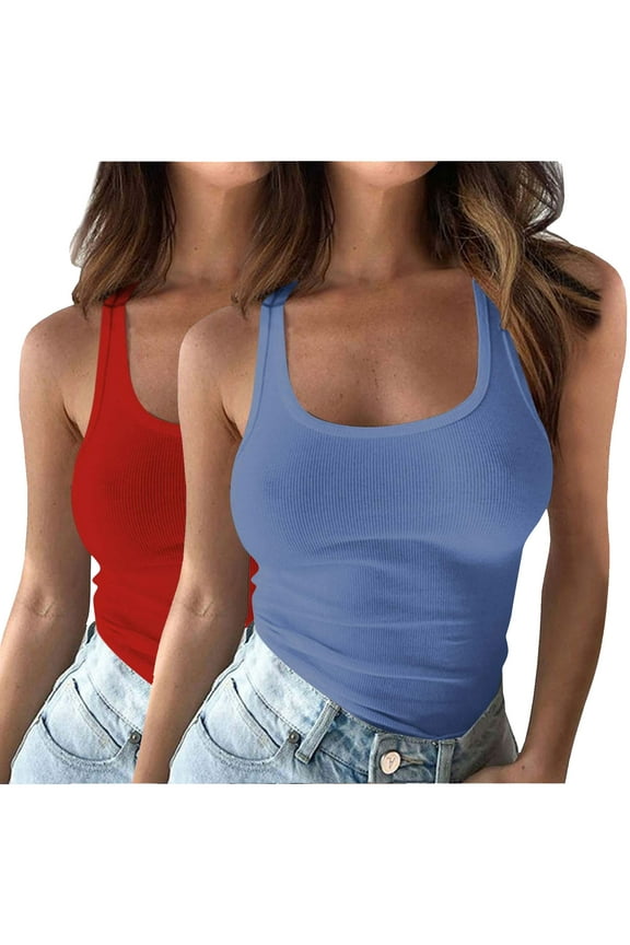 2 Pack Womens Tank Tops Plus Size U Neck Sleeveless Square Neck Basic Tees Summer Racerback Workout Top Ribbed Knit Slim Fit Going Out Top Blue XXXXL