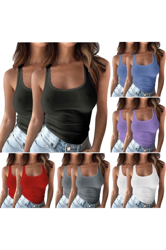 2 Pack Womens Tank Tops Plus Size U Neck Sleeveless Square Neck Basic Tees Summer Racerback Workout Top Ribbed Knit Slim Fit Going Out Top Purple XXXXXL