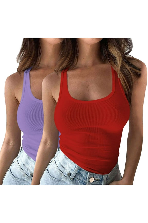 2 Pack Womens Tank Tops Plus Size U Neck Sleeveless Square Neck Basic Tees Summer Racerback Workout Top Ribbed Knit Slim Fit Going Out Top Purple XXL