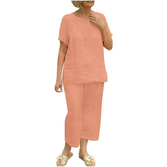 qolati 2 Piece Linen Set for Women 2024 Summer Outfits Casual Short Sleeve Tops Capri Pants Lounge Matching Sets