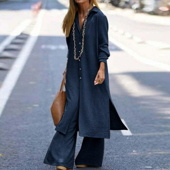 qolati 2 Piece Outfit for Women Long Sleeve Button Down Blouse Top Wide Leg Pants Tracksuit Casual Loose Streetwear Loungewear Suits