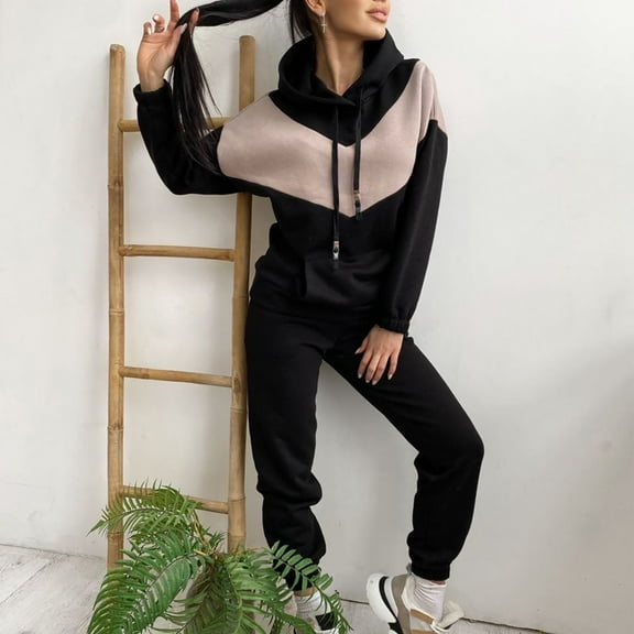 qolati 2 Piece Outfits for Women 2023 Hoodie Sweatshirt Tracksuit with Stretch Jogger Sweatpants Loungewear Sets Trendy Color Blocking Sweatsuit Suits with Pockets