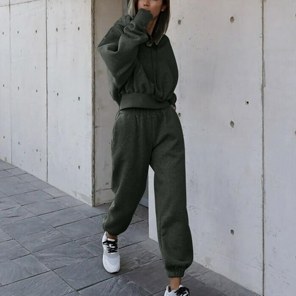 qolati 2 Piece Outfits for Women 2024 Fall Oversized Crop Hoodie Sweatshirt with Jogger Sweatpant Tracksuit Set Y2k Fall Clothes Matching Sets Sweatsuit