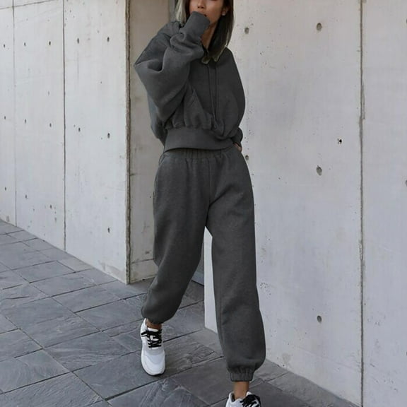 qolati 2 Piece Outfits for Women 2024 Fall Oversized Crop Hoodie Sweatshirt with Jogger Sweatpant Tracksuit Set Y2k Fall Clothes Matching Sets Sweatsuit