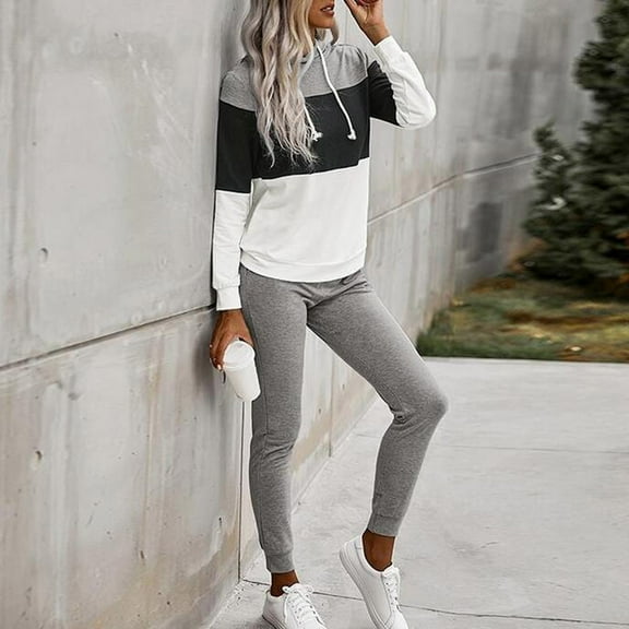 qolati 2 Piece Outfits for Women Casual Color Blocking Hooded Pullover Sweatshirt with Joggers Sweatpants Workout Suits Cassic Fit Running Fitness Loungewear Sets