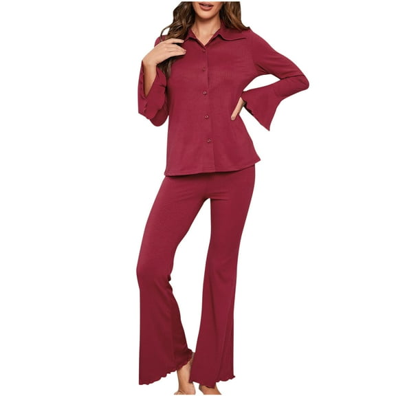 qolati 2 Piece Outfits for Women Vintage Ribbed Knit Button Down Shirts with Flare Pants Matching Sets Comfy Soft Long Sleeve Sleepwear Women Pajamas Sets