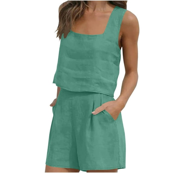 qolati 2 Piece Outfits for Women Lounge Shorts Sets Loose Fit Sleeveless Tank Top and Elastic Shorts with Pocksets Summer Beach Vacation Matching Set