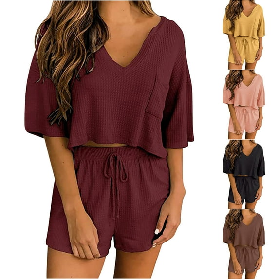 qolati 2 Piece Outfits for Women Summer Waffles Shorts Sets Lounge Matching Sets Short Sleeve Tops Stretch Sweatsuit Vacation Clothes Set