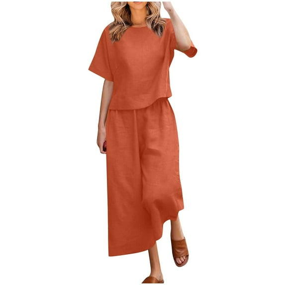 qolati 2 Piece Set for Women 2024 Cotton Linen Short Sleeve Crop Top and Wide Leg Pant Matching Tracksuits Summer Dressy Casual Loungwear Set with Pockets