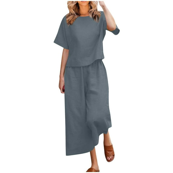 qolati 2 Piece Set for Women 2024 Cotton Linen Short Sleeve Crop Top and Wide Leg Pant Matching Tracksuits Summer Dressy Casual Loungwear Set with Pockets