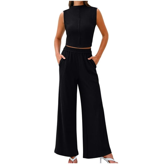 qolati 2 Piece Sets for Women Summer 2024 Mock Neck Sleeveless Ribbed Knit Pullover Top Wide Leg Pants Matching Lounge Set Trendy Beach Vacation Outfits
