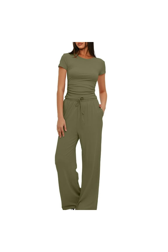 2 Piece Sets for Women Y2k Ruched Short Sleeve Crop Tops and High Waisted Wide Leg Pants Tracksuit Casual Fitted Workout Lounge Outfits Matching Sets