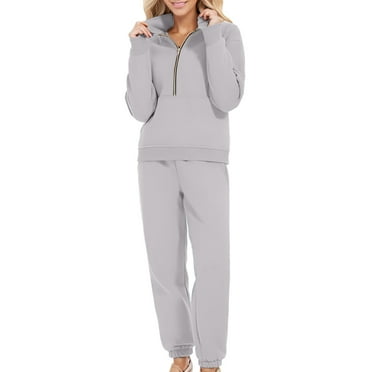 qolati 2 Piece Sets for Women 2024 Fall Travel Outfits Oversized Long Sleeve Tracksuit Joggers Sets Half Zip Sweatsuit Matching Set Gray XS 2