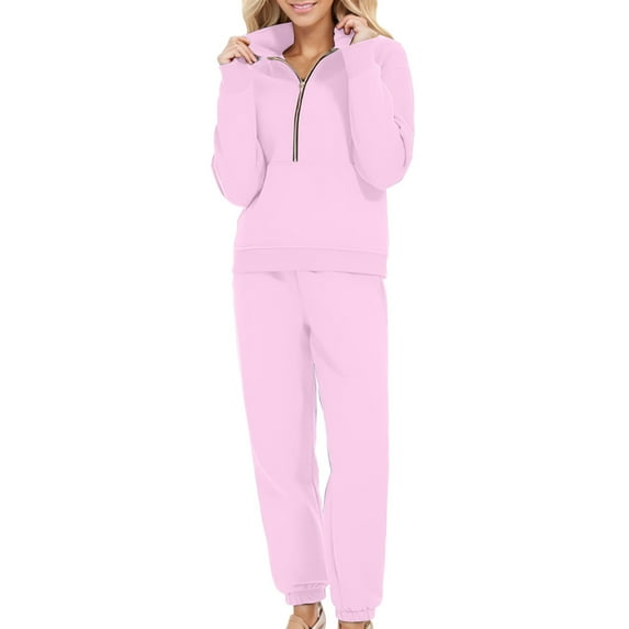 qolati 2 Piece Sets for Women 2024 Fall Travel Outfits Oversized Long Sleeve Tracksuit Joggers Sets Half Zip Sweatsuit Matching Set Pink S 4