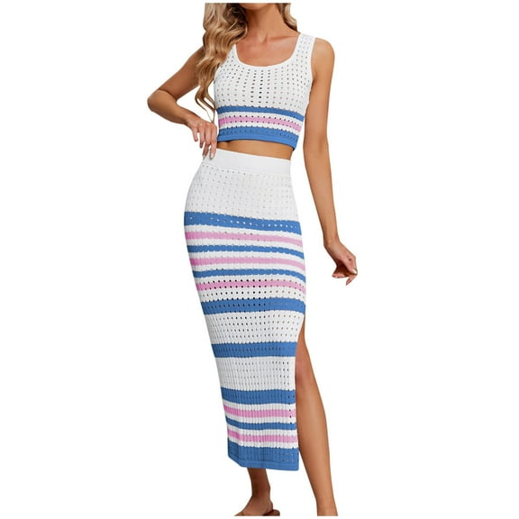 qolati 2 Piece Sets for Women Crochet Beach Cover Up Set Knit Square Neck Short Sleeve Crop Top Bodycon Long Skirt Tow Piece Outfits