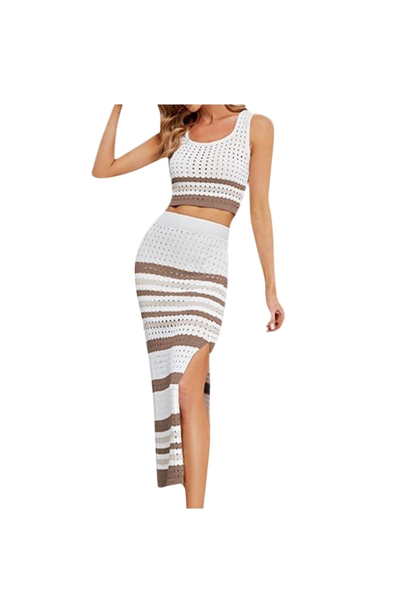 2 Piece Sets for Women Crochet Beach Cover Up Set Knit Square Neck Short Sleeve Crop Top Bodycon Long Skirt Tow Piece Outfits