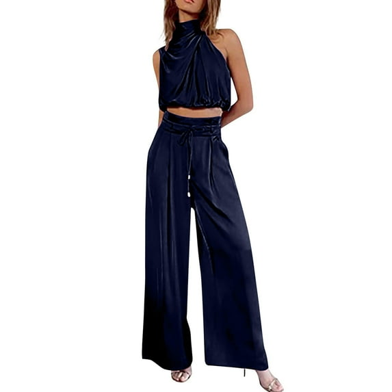 qolati 2 Piece Sets for Women Summer Sleeveless Mock Neck Crop Tops Wide Leg Pants Set 2024 Elegant Wedding Formal Cocktail Matching Outfit