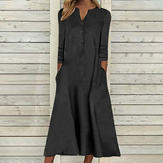 qolati 2023 Dresses for Women Casual Button 3/4 Sleeve V-Neck Knee Length Midi Dress Elegant Loose Fit Flowy Pleated Beach Sundress