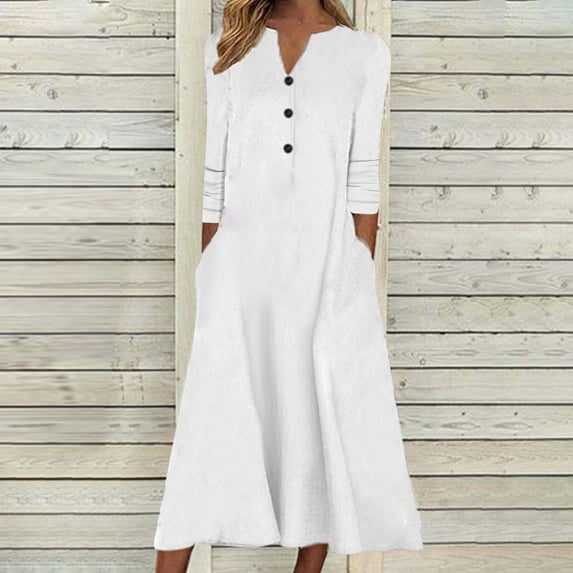 qolati 2023 Dresses for Women Casual Button 3/4 Sleeve V-Neck Knee Length Midi Dress Elegant Loose Fit Flowy Pleated Beach Sundress