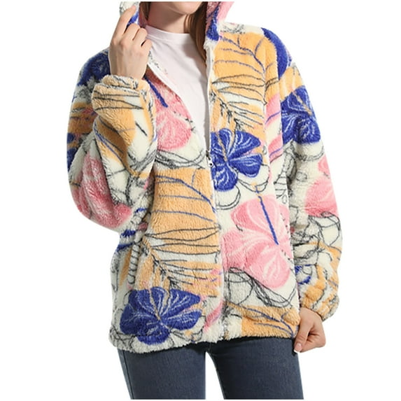 qolati 2023 Fleece Jackets for Women Fall Winter Long Sleeve Hooded Cardigan Jacket Casual Loose Zipper Hoodies Outfits Coat