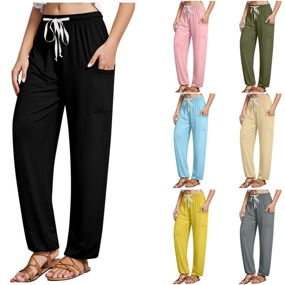 qolati 2023 Wide Leg Pants for Women Casual Elastic Waist Workout Palazzo Sweatpants High Waisted Solid Wide Leg Yoga Lounge Pants with Pockets