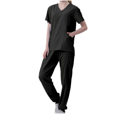 qolati 2024 Scrub Set for Women Nurse Uniform Jogger Suit Button V Neck Stretch Top and Track Pants with Pocket for Nurse Esthetician Workwear Black L 8