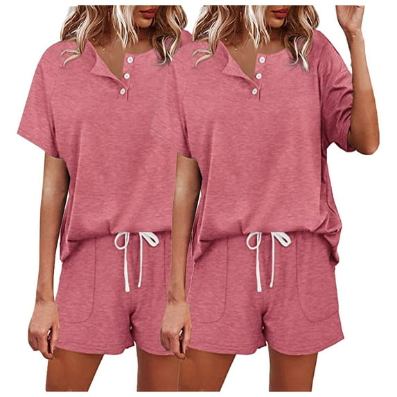 qolati 2PC Women's 2 Piece Pajama Sets Button Up Short Sleeve Lounge Sets Soft Round Neck Pullover Top and Drawstring Shorts Sleepwear with Pockets Comfy Pjs Set 2024
