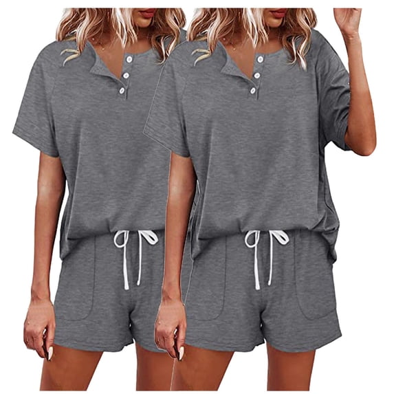 qolati 2PC Women's 2 Piece Pajama Sets Button Up Short Sleeve Lounge Sets Soft Round Neck Pullover Top and Drawstring Shorts Sleepwear with Pockets Comfy Pjs Set 2024